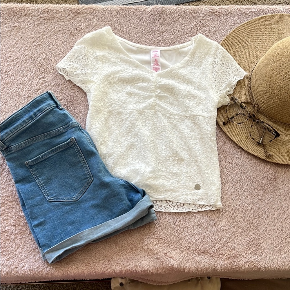 White Lace Top and Blue Denim Shorts